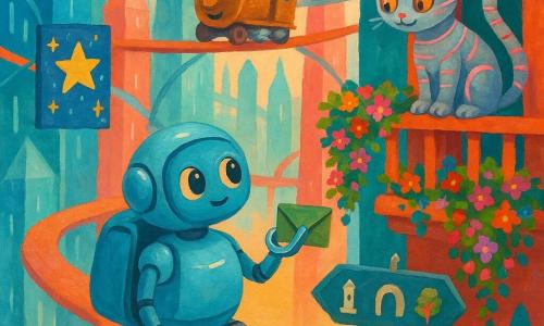 Un mic robot-curier tip „rucsac rulant”, cu forme rotunjite, caroserie albastru deschis lucioasă și roți moi, privește curios și uimit ținând delicat un mic plic verde sigilat; o pisică-mecanică cu blană argintie și dungi neon roz, cu ochi rotunzi luminoși, e așezată pe un balcon apropiat, privind șiret robotul cu coada încolăcită pe balustradă; un tren vorbitor în miniatură, cu caroserie cuprată și ferestre rotunde, staționează pe un pod suspendat din spate, scoțând un abur albastru și părând liniștitor, ca și cum i-ar sfătui pe roboțel; decorul e un oraș futurist din sticlă și metal, cu turnuri cristaline ce reflectă nuanțe turcoaz și coral, poduri suspendate ca nistre panglici, panouri luminoase în formă de stele și grădini suspendate cu flori căzătoare; situația surprinde roboțelul, în mijlocul unei intersecții aeriene scăldate într-o lumină blândă, ezitând între trei căi marcate prin simboluri (turn, tunel, grădină), momentul deciziei fiind redat în culori calde, contururi moi și o atmosferă misterioasă, binevoitoare.