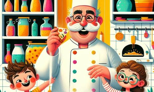 O chefe João é um homem jovial na casa dos cinquenta anos, com um grande bigode branco e um chapéu de chef alto na cabeça. Ele usa um paletó de cozinha branco com botões coloridos e um avental listrado, sorrindo amplamente enquanto mostra uma pizza colorida que acabou de tirar do forno. Ao seu lado, Luísa, uma menina de 8 anos com cabelos cacheados e óculos redondos, está polvilhando farinha sobre a mesa, com os olhos brilhando de excitação. Pedro, um menino de 9 anos com cabelos castanhos bagunçados, está logo atrás dela, segurando um pedaço de abacaxi e rindo, pronto para colocá-lo na pizza. A cena acontece em uma cozinha iluminada e animada, com paredes pintadas de amarelo e prateleiras cheias de potes de especiarias coloridas. Legumes frescos e ingredientes estão espalhados sobre a bancada de madeira, e um grande forno de metal brilha ao fundo. A situação principal mostra o chefe João e as crianças preparando pizzas juntos, cheios de alegria e criatividade, enquanto um delicioso aroma sai do forno, prometendo um banquete saboroso.