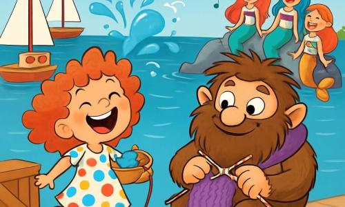 Een 6-jarig meisje genaamd Roosje, met vrolijke rode krullen en ondeugende ogen, lacht terwijl ze danst op de kade van de marina. Ze draagt een gekleurde stippenjurk en gele rubberen laarzen, en houdt een kleine bol wol vast. Naast haar zit een vriendelijke troll met een grote, ruige baard en een paarse sjaal, die een grote sjaal breit en glimlacht met grote, nieuwsgierige ogen. Op de achtergrond zingen drie zeemeerminnen met glanzend haar en glinsterende staarten komisch, zittend op rotsen, met ondeugende glimlachen. De locatie is een levendige marina, met kleurrijke boten op het water, meeuwen die in de blauwe lucht vliegen, en houten kisten verspreid over de kade. Roosje lacht uitbundig, omringd door haar nieuwe vrienden, terwijl een waterbel van de zeemeerminnen omhoog komt, wat een vrolijke en magische sfeer creëert.