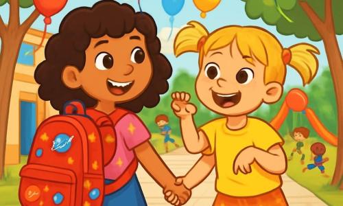 Hay 2 personajes principales: - Sara: una niña de 8 años con cabello castaño y rizado, lleva una camiseta rosa con estrellas y una falda de mezclilla. Sostiene una gran mochila roja decorada con dibujos de planetas y sonríe con entusiasmo. - Martina: una niña de 8 años con cabello rubio en dos coletas, vestida con una camiseta amarilla y un short de flores. Está haciendo un gesto divertido, imitando a un perro, con una gran sonrisa en el rostro. Las dos niñas están en un patio escolar soleado, rodeadas de grandes árboles de hojas verdes brillantes y juegos coloridos. El suelo está cubierto de losas de concreto, y se pueden ver otros niños jugando a lo lejos, riendo y corriendo. La situación principal muestra a Sara y Martina, de la mano, listas para entrar en su nueva clase, con rostros radiantes de emoción y curiosidad. Globos y decoraciones festivas flotan a su alrededor, simbolizando el comienzo de una nueva aventura escolar.