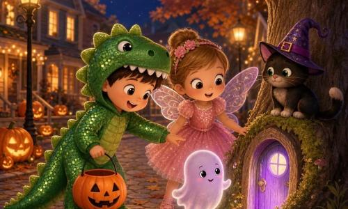 Four-year-old Max, smiling and brave in a shiny green dinosaur costume with a padded tail and toothy hood, holds an orange pumpkin bucket and reaches toward a small glowing door in the grass; about four-year-old Lily, dressed as a pink sparkling fairy with translucent wings and glitter shoes, stands to his right holding his hand and gazing at the magical door with wonder; a small blackish-brown cat named Shadow wears a tiny purple witch hat and perches on the grassy door, purring; a cute translucent pale violet ghost floats shyly above the ground between Max and the door; the scene is an autumn cobblestone street under a full moon with scattered orange and red leaves, carved pumpkins on porches, and a large oak with a pumpkin-shaped door set into the lawn emitting a twinkling violet light as the children and cat join hands and say the magic word to help the little ghost inside, creating a warm, softly lit moment.