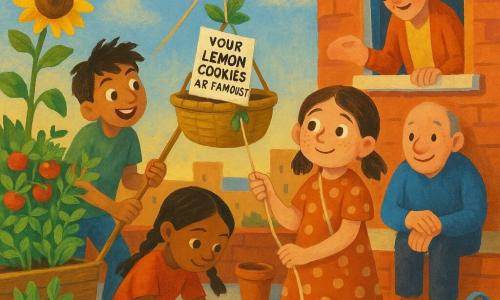An 8-year-old girl, Mina, round-faced with freckles and a shy proud smile, holds the rope of a small hanging basket while a ~9-year-old boy, Leo, tousled-haired and enthusiastic, guides it with a bamboo pole; another ~9-year-old girl, Priya, with braided hair kneels by a bucket gluing seed packets to cardboard, Mr. Lint, about 60, stands on the roof holding the rope end with mismatched socks visible, and Mrs. Crumble, about 75, leans out her second-floor window to take the basket, all on a rooftop garden of wooden planters of tomatoes and mint, a leaning sunflower, a clothesline, pots, a low brick wall and garden tools, as the basket slides along a line bearing a handwritten sign 