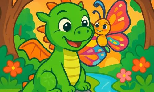Un piccolo drago di nome Fiammetta, con scaglie verdi brillanti e grandi occhi pieni di curiosità, è seduto accanto a un ruscello. Sorride gioiosamente e mostra un'espressione di eccitazione. La sua lunga coda si avvolge attorno a una pietra liscia. Accanto a lei, una delicata farfalla di nome Luce, con ali multicolori dai motivi vivaci, vola felice e si posa sulla spalla di Fiammetta, condividendo un momento di complicità. Il paesaggio è un incantevole boschetto, con alberi dai tronchi nodosi e fiori dai colori vivaci. Il sole tramonta all'orizzonte, tingendo il cielo di arancione e rosa, mentre il ruscello scintilla sotto gli ultimi raggi di luce. La scena mostra Fiammetta e Luce che condividono storie e ridono insieme, in attesa di rompere il digiuno, circondate dalla bellezza pacifica della natura.