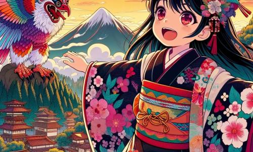 A young girl named Yuki, about 10 years old, stands atop a majestic mountain. She has shiny black hair flowing gently in the wind, and her eyes sparkle with excitement and curiosity. She wears a traditional kimono with cherry blossom patterns, and her face radiates joy as she admires the landscape. Next to her, a Tengu, a legendary creature with a long nose and colorful wings, perches on a tree branch. He has a mischievous smile and watches Yuki with amusement, his shimmering feathers glinting in the setting sun. The mountain peak is surrounded by light clouds, offering a panoramic view of a picturesque village below, where houses are adorned with red-tiled roofs. The sky is painted with warm colors, ranging from orange to pink, as the sun sets on the horizon. The main scene shows Yuki, arms raised in triumph, having just met the Tengu and preparing to take on a challenge. The atmosphere is filled with energy and adventure, capturing the spirit of a magical quest in the heart of Japan.
