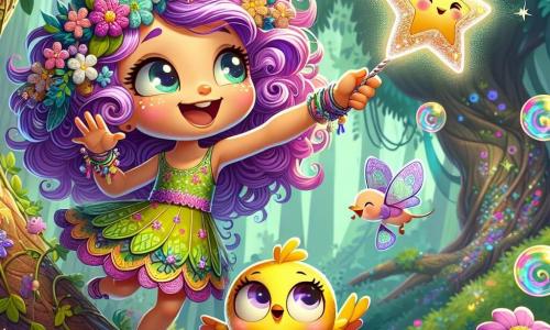 Lila, una pequeña duendecilla con cabello rizado y violeta, lleva un vestido verde adornado con flores de colores. Tiene una gran sonrisa en su rostro, los ojos brillando de emoción, agitando una bonita varita mágica estrellada que emite chispas. Junto a ella, Tom, un pequeño pájaro amarillo con un vientre redondo y alas brillantes, vuela alegremente haciendo piruetas, con una expresión llena de travesura y felicidad. Está posado en una rama de árbol, observando a Lila con diversión. El escenario es un bosque encantado, donde los árboles son altos y majestuosos, sus hojas brillan como gemas bajo el sol. Las flores bailan al ritmo del viento, y burbujas de colores flotan en el aire, creando un ambiente mágico y alegre. La situación principal muestra a Lila intentando hacer aparecer un pastel con su varita, pero en su lugar, una multitud de burbujas brillantes escapan, llenando el aire de colores vivos y risas.