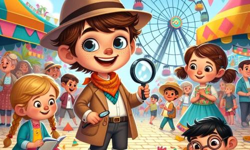 Um garoto de 8 anos, Lucas, está no centro da imagem, com um grande sorriso no rosto e olhos brilhantes de excitação. Ele usa um chapéu de detetive marrom, uma lupa em uma mão e um caderno na outra, com cabelos castanhos bagunçados. Ao seu lado, Ana, uma menina de 7 anos com cabelos loiros trançados e um vestido colorido, observa curiosa um porquinho de papel que acabou de encontrar. Um pouco mais adiante, Pedro, um garoto de 8 anos com cabelos negros e óculos redondos, está agachado, examinando um mapa do tesouro com um olhar concentrado. A cena acontece em uma charmosa praça de carnaval, decorada com bandeirinhas coloridas, balões flutuantes e uma roda-gigante ao fundo. Crianças riem e dançam ao redor, enquanto os pais aproveitam a festa. Lucas, Ana e Pedro estão em uma caça ao tesouro, buscando pistas para resolver um mistério. Eles acabaram de descobrir uma primeira pista pendurada em uma árvore, e a excitação é palpável enquanto se preparam para decifrar a enigma juntos.