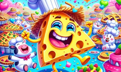 Gorgonzola, um queijo antropomórfico sorridente, usa um chapéu de palha torcido e dança alegremente no meio de um banquete de tortas coloridas. Seus olhos brilham de alegria e ele está cercado de confetes em forma de corações. Ao seu lado, Glorinha, uma vaca com asas de papel colorido, ri alto, suas grandes orelhas caindo sobre suas bochechas rosas, enquanto tenta não cair em uma enorme torta de framboesa. Ao fundo, um grupo de ursos polares alegres, vestidos com chapéus de chef, se dedica a decorar tortas gigantes, seus rostos radiantes de felicidade. O local é um mundo fantástico feito de gelatina multicolorida, onde as árvores são de doces e o céu é de um azul vibrante, salpicado de nuvens de marshmallow. A cena principal mostra Gorgonzola e Glorinha dançando ao redor de uma torta dançante, criando uma atmosfera festiva e divertida, cheia de risos e cores.
