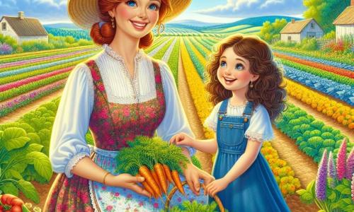 Tanti Valeria, o femeie de vârstă mijlocie cu părul castaniu prins în coc, poartă o rochie largă cu flori și o pălărie de paie. Zâmbește cu mândrie, cu ochii strălucind, ținând în mână o morcov proaspăt cules și în cealaltă o mică lopată. Lângă ea, Mara, o fetiță de aproximativ 8 ani cu părul creț și o salopetă din denim, privește cu uimire legumele colorate din grădină, ținând un mic coș din nuiele plin cu ridichi și roșii. Scena are loc într-o fermă însorită, înconjurată de câmpuri verzi și flori sălbatice, cu rânduri de legume colorate întinzându-se la nesfârșit sub un cer albastru cu nori albi pufoși. Tanti Valeria și Mara culeg legume din grădină, împărtășind un moment vesel și complice, înconjurate de frumusețea naturii.