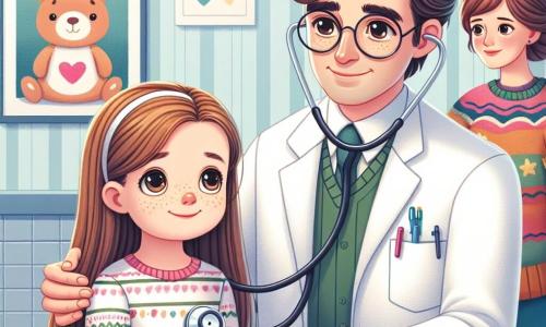 Een mannelijke arts, genaamd Dokter Sam, glimlachend en vriendelijk, draagt een witte doktersjas en een stethoscoop om zijn nek. Hij heeft bruin haar en ronde brillen, en hij luistert naar het hart van een klein meisje met een geconcentreerde en geruststellende uitdrukking. Het kleine meisje, Mia, ongeveer 6 jaar oud, heeft lang blond haar en sprankelende ogen. Ze zit op een onderzoekstafel, houdt de hand van haar moeder vast, met een lichte glimlach op haar gezicht, wat aangeeft dat ze zich iets beter voelt. Mias moeder, een vrouw van ongeveer dertig, heeft kastanjebruin haar en draagt een kleurrijke trui. Ze staat naast Mia en kijkt naar Dokter Sam met een uitdrukking van dankbaarheid en hoop. De scène speelt zich af in een lichte onderzoekskamer van een ziekenhuis, met lichtblauwe muren, posters van dierenillustraties en kleurrijke speelgoed verspreid over een plank. De belangrijkste situatie toont Dokter Sam die naar het hart van Mia luistert met zijn stethoscoop, terwijl zij verlegen glimlacht en haar moeder aan haar zijde staat, vol hoop.