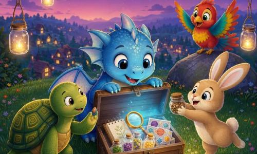 Luma, un pequeño dragón de escamas azul nacarado y ojos grandes, sonríe maravillado al abrir un cofre de madera con estrellas talladas del que sale un tenue resplandor azul; a la izquierda, Nora, una tortuga de caparazón verde con motivos amarillos, observa pacientemente; detrás, Pico, un pájaro multicolor (rojo, amarillo, turquesa) se posa en una piedra, emocionado; a la derecha, Mimo, un conejo pequeño de orejas largas y pelaje beige, salta ofreciendo un bote de semillas. La escena transcurre en la cima de una colina herbosa al crepúsculo, con flores silvestres, farolillos en tarros y un pueblo de cabañas al fondo bajo un cielo violeta estrellado. Los amigos abren juntos el "tesoro escondido" y descubren objetos infantiles de exploración — cuaderno de páginas en blanco, lupa, frascos de semillas de colores y pegatinas de planetas — que emiten una luz cálida; ambiente alegre de descubrimiento.