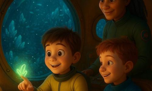 A 10-year-old boy with a round face, messy brown hair and wide amazed eyes in a light yellow wetsuit reaches to touch a small beam of green light on a cave wall; his friend, also about 10, with red hair and freckles and a mischievous smile in a blue wetsuit sits by a porthole applauding, while a kindly female captain of about 40 with gray-blue braided hair and a kaki wetsuit with insignia stands by the controls; inside the warm, rounded interior of a small polished-metal submarine with large round portholes, a vast underwater cave beyond is carpeted with blue-green crystals, turquoise glowing algae and schools of silver fish and shrimp; a magical calm moment as the crystals pulse in color where the boy touches them, faces lit by the glow, centered on the touching hand, rendered in a 3D animated film style with saturated-but-soft colors, cinematic lighting, friendly rounded forms and crisp details on expressions, suits and crystals.
