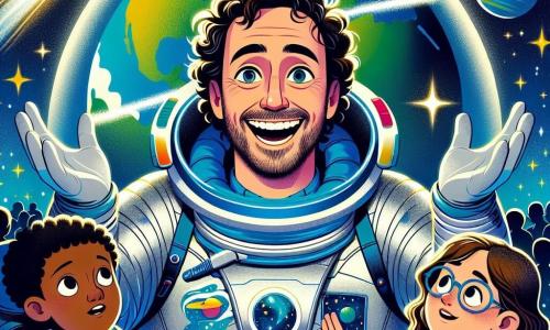 Um homem, o Capitão Luís, sorridente e entusiasmado, veste um brilhante traje espacial prateado com detalhes azuis. Seus olhos brilham de empolgação enquanto flutua no espaço, cercado por estrelas cintilantes e planetas coloridos. Ao seu lado, uma menina de 10 anos, Ana, com cabelos castanhos e cacheados, observa com admiração, os olhos bem abertos, segurando um pequeno caderno de anotações. Um garoto de 10 anos, Pedro, com óculos e cabelos loiros, está um pouco atrás, levantando a mão para fazer uma pergunta, seu rosto radiante de curiosidade. A cena acontece na imensidão do cosmos, onde a Terra aparece como uma linda esfera azul e verde, cercada por nuvens brancas. Estrelas brilhantes e cometas em movimento acrescentam magia ao ambiente. A situação principal mostra o Capitão Luís compartilhando suas aventuras espaciais com as crianças, flutuando alegremente no espaço enquanto explica a beleza e os mistérios do universo que os rodeia.