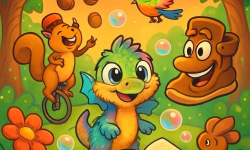 Fips, ein kleiner flauschiger Drache mit bunten Schuppen, steht in der Mitte des Bildes, seine großen runden Augen leuchten vor Staunen und Neugier. Er hat kleine durchsichtige Flügel und ein schelmisches Lächeln, während er einen magischen Wald erkundet, umgeben von großen Bäumen mit spiralförmigen Stämmen und glitzernden Blättern. Zu seiner Rechten schwebt ein alter anthropomorpher Schuh mit ausdrucksvollen Augen und einem schelmischen Lächeln leicht in der Luft und scheint über die Situation amüsiert zu sein. Links jongliert ein lustiger Eichhörnchen auf einem Einrad, mit einer roten Mütze und Pompons, fröhlich, während er Nüsse in die Luft wirft. Der Ort ist ein verzauberter Wald, wo der Himmel leuchtend orange ist und riesige, bunt blühende Blumen im Wind tanzen. Seifenblasen schweben umher, und Vögel mit Regenbogenfedern singen fröhlich. Die Hauptsituation zeigt Fips, der ein schwebendes altes Buch entdeckt, umgeben von bunten Seifenblasen, während der Schuh und das Eichhörnchen ihn enthusiastisch anfeuern und eine spielerische, absurde Atmosphäre schaffen.