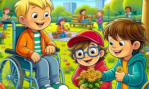 In einem sonnigen Park sind drei Freunde versammelt, um einen fröhlichen Frühlingsmoment zu erleben. Max, ein 10-jähriger Junge im bunten Rollstuhl, lächelt begeistert, während er seine Freunde ansieht. Rechts von ihm hockt Leo, ein 9-jähriger Junge mit blonden Haaren und Brille, der eine leuchtend gelbe Blume pflückt. Links hält Tim, ein 8-jähriger Junge mit braunen Haaren und roter Mütze, einen kleinen Korb voller bunter Blumen, bereit, sie ihren Nachbarn zu schenken. Der Park ist mit bunten Blumen, grünen Bäumen und einem blauen Himmel mit flauschigen weißen Wolken gefüllt. In der Ferne spielen Kinder auf einem Spielplatz und Familien picknicken auf Decken. Die drei Freunde pflücken Blumen, um ihr Zuhause zu dekorieren und ein kleines Geschenk für ihre Nachbarn vorzubereiten, während sie lachen und Geschichten über den Frühling austauschen.