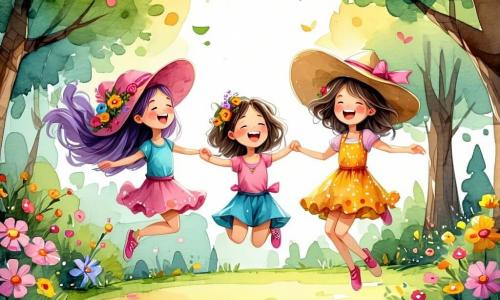 Vier blije vriendinnen bevinden zich in een zonnig park, omringd door kleurrijke bomen en stralende bloemen. Lila, een 8-jarig meisje met lange paarse haren, springt hoog in de lucht op een trampoline met een glimlach. Noor, een 9-jarig meisje met een grote vrolijke bloemenhoed, staat naast Lila, lacht en steekt haar armen in de lucht. Sara, ook 8 jaar, heeft een klein paar scheve brillen en probeert een salto te maken achter Lila met een grappige uitdrukking. Emma, een 9-jarig meisje met een sprankelende uitstraling, springt op de trampoline, vol opwinding. Het park is gevuld met gelach en kleuren, met een heldere blauwe lucht en donzige wolken. De scène toont de vier vriendinnen die samen springen, vol vreugde en avontuur.