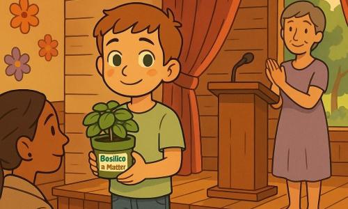 Un ragazzo di 8 anni, timido ma sorridente, capelli castano chiaro corti, occhi verdi, maglietta verde pallido e jeans, tiene contro il petto un piccolo vasetto di basilico etichettato Basilico di Matteo su un piccolo podio di legno; una donna narratrice di circa 40 anni, capelli corti brizzolati e vestito lavanda, sta di lato applaudendo e sorridendo con luce dorata calda; la madre, circa 35 anni, è in prima fila con i capelli lunghi raccolti e un soprabito leggero, tiene un piccolo cuscino di carta e guarda affettuosamente il ragazzo; il luogo è una piccola sala comunale in legno con podio, tendina rossa ripiegata, lampade a filamento, file di sedie in legno e una grande finestra su un giardino verde; il ragazzo è al centro, stringe il basilico come un tesoro, circondato da un pubblico benevolo in un’atmosfera primaverile, calda e intima con tocchi di colore come fiori di carta e pareti pastello.