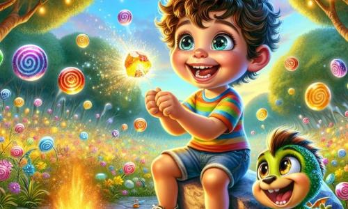 Un ragazzo di 4 anni di nome Leo, con capelli ricci e occhi scintillanti di gioia, sorride ampiamente mentre tiene una caramella luccicante tra le sue piccole mani. Indossa una maglietta a righe colorate e un pantaloncino di jeans, ed è seduto su una roccia, circondato da caramelle danzanti. Accanto a lui, un orso di peluche di nome Orso Pancione, con pelliccia marrone e pancia paffuta, ride cercando di afferrare una caramella che volteggia nell'aria. Puffo, un piccolo drago dalle squame verdi e occhi brillanti, è seduto davanti a loro, emettendo una piccola fiamma gioiosa per accendere un grande falò. La scena si svolge in una radura incantata, piena di alberi dai tronchi colorati e fiori che danzano al ritmo della musica. Il cielo è di un blu splendente, punteggiato di nuvole a forma di volti divertenti. Leo, Orso Pancione e Puffo stanno celebrando il successo di accendere il falò con una caramella magica, ridendo e ballando attorno alle fiamme scintillanti che illuminano la notte stellata.