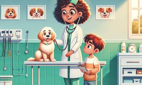 La dott.ssa Valentina Rossi, una donna dai capelli ricci e castani, indossa un camice bianco e un sorriso caloroso, mostrando determinazione e gentilezza mentre esamina un golden retriever sdraiato sul tavolo. Accanto a lei, Luca, un ragazzo di 10 anni con capelli rossi e occhi vivaci, osserva con fascinazione, tenendo un stetoscopio nelle mani, pronto ad aiutare. La scena si svolge in una clinica veterinaria luminosa e accogliente, con muri verdi pastello, poster di animali sorridenti e giocattoli sparsi sul pavimento. La situazione principale mostra Valentina mentre diagnostica Max, il golden retriever, che sembra un po' stanco ma pieno di speranza, mentre Luca, ammirato, apprende le basi delle cure veterinarie, creando un'atmosfera di apprendimento e compassione.