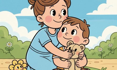 Un bambino di 2 anni, Lino, viso rotondo, grandi guance rosa, occhi lucenti e sorriso curioso, è seduto sull'erba tenendo il suo orsacchiotto beige, aria meravigliata e serena; la mamma, circa 30 anni, capelli castani raccolti in chignon e abito semplice azzurro, è inginocchiata dietro di lui ad abbracciarlo con sorriso e sguardo tenero; l'orsacchiotto è morbido e consumato con occhi cuciti neri; in primo piano a sinistra una piccola fiore giallo con faccina sorridente, vicino una minuscola formica rosso scuro su una foglia; giardino soleggiato dai colori vividi, erba verde con qualche margherita, sentiero chiaro e cielo azzurro con nuvole soffici e sole dorato in alto a destra; scena centrata con Lino che guarda il cielo tenendo l'orsacchiotto mentre la mamma lo abbraccia, colori caldi, contorni arrotondati, atmosfera calma e rassicurante.