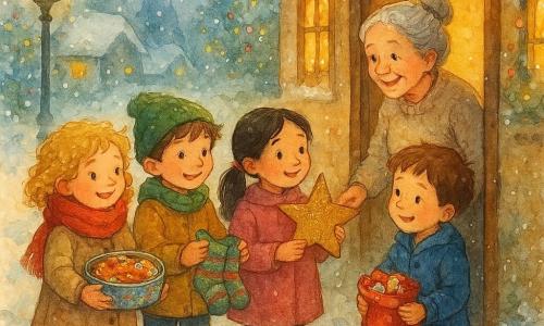 Er zijn 4 kinderen: Saar, een meisje van 6 jaar met blonde krullende haren onder een warme rode sjaal, houdt een doos met koekjes versierd met gekleurd glazuur vast. Mats, een jongen van 6 jaar met warrig bruin haar, draagt een groene muts en biedt een paar met de hand gebreide wollen sokken aan. Noor, een meisje van 6 jaar met zwart steil haar in een paardenstaart, houdt een kartonnen ster bedekt met gouden glitters vast. Levi, een jongen van 6 jaar met kort kastanjebruin haar, draagt een blauwe jas en houdt een zakje met in glanzend papier verpakte chocolaatjes vast. Ze staan samen voor de deur van een klein houten huis, lichtjes besneeuwd, met ramen verlicht door lichtslingers. De locatie is een charmant klein besneeuwd dorp, met daken bedekt met glinsterende sneeuw, oude lantaarnpalen die zacht licht verspreiden, en bomen versierd met veelkleurige lichtslingers. De hoofdscène toont de kinderen die een kerstmand aanbieden aan een oudere dame, mevrouw Van Dijk, die bij de deur van haar huis staat. Ze heeft grijs haar in een knot, draagt een wollen trui en een warme glimlach. De scène is gehuld in een gouden licht, wat een sfeer van warmte en vrijgevigheid creëert.