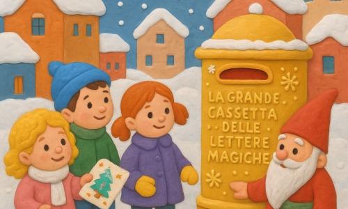 Ci sono 4 bambini: Sofia, una bambina di 3 anni con capelli biondi ricci, indossa un cappotto rosa e una sciarpa bianca, tiene una lettera colorata nelle mani. Luca, un bambino di 3 anni con capelli castani corti, indossa un berretto blu e un cappotto verde, sorride guardando Sofia. Mia, una bambina di 3 anni con capelli rossi legati in due codini, indossa un cappotto viola e guanti gialli, è accanto a Luca. Tommaso, un bambino di 3 anni con capelli neri e occhiali rotondi, indossa un cappotto rosso e una sciarpa verde, guarda la grande cassetta delle lettere con meraviglia. Si trovano nella piazza centrale del villaggio, circondata da case con tetti innevati e ghirlande luminose multicolori. La Grande Cassetta delle Lettere Magiche è al centro, imponente e decorata con motivi dorati e fiocchi di neve scintillanti. La scena principale mostra i bambini mentre consegnano la loro lettera a un piccolo gnomo di Natale, con un cappello rosso a punta e una lunga barba bianca, accanto alla cassetta delle lettere. Il suolo è coperto di neve fresca e fiocchi cadono dolcemente dal cielo, aggiungendo un tocco di magia invernale all'insieme.