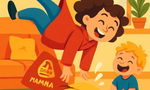Super Mamma è una donna sorridente con capelli ricci e un mantello rosso brillante. Ha occhi vivaci e un grande sorriso gioioso mentre fa una capriola nel soggiorno. Accanto a lei, Poldo, un bambino di 5 anni con capelli biondi disordinati e una maglietta blu, ride di gusto. È seduto sul pavimento, circondato da giocattoli colorati, e guarda Super Mamma con ammirazione. Il luogo è un soggiorno accogliente, con un grande divano morbido, cuscini colorati sparsi ovunque e raggi di sole che filtrano dalle finestre, illuminando la stanza. La scena principale mostra Super Mamma che, dopo aver fatto una capriola, atterra su un cuscino morbido, provocando una grande risata in Poldo. Gocce di latte sono schizzate attorno a loro, aggiungendo un tocco comico alla scena.