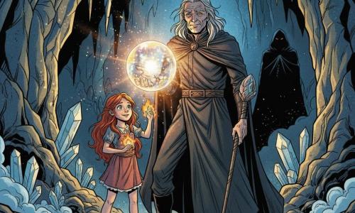 An older but energetic man, Alaric, white streaked hair, star-bright eyes and a determined hopeful expression, holds a dark flowing cloak and a carved wand or staff in his right hand while his left rests near a large glowing crystal. A girl, Mira, about 16, with cascading red hair, a brave youthful face and a smiling, wonder-filled gaze stands to Alaric’s left, hands joined toward the crystal, wearing an apprentice’s dress with small orange magical flames dancing around her fingers. A threatening silhouette of the absent antagonist Varkon—dark coat and red eyes—lurks in the cave’s shadowed background. The scene is in the Caverns of Eternity: a vast underground chamber with walls studded in blue and gold crystals, jagged stalactites, a shimmer-speckled floor and low mist. Alaric and Mira together touch the “Heart of Lumen,” a clear iridescent crystal orb emitting warm gold and silver light with volumetric beams and floating sparkles; the mood is epic and comforting with strong contrast between the orb’s light and deep cave shadows. Graphic style: clean lines, saturated colors, high-contrast shading, very readable expressions, composition centered on the orb for strong visual impact.