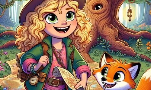 Lila, eine junge Entdeckerin mit lockigem, goldenem Haar, trägt eine farbenfrohe Jacke und einen Abenteurerhut. Sie lächelt breit, ihre Augen strahlen vor Aufregung, während sie eine alte Karte in den Händen hält, bereit, einen versteckten Schatz zu entdecken. An ihrer Seite ist Finn, ein kleiner schlauer Fuchs mit leuchtend orangefarbenem Fell und schelmischen Augen, der sie begeistert anfeuert. Sie stehen vor einem großen majestätischen Baum, dessen Äste sich wie schützende Arme ausbreiten und dessen Rinde ein freundliches Gesicht zu haben scheint. Der Boden ist mit bunten Blumen und grünen Blättern bedeckt, was eine magische Atmosphäre schafft. Die Hauptsituation zeigt Lila und Finn, die dabei sind, ein Rätsel zu lösen, umgeben von der Schönheit des geheimnisvollen Waldes, während sie sich auf den Weg zum Schatz machen.