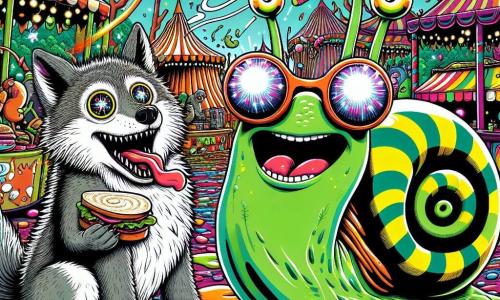 Un pequeño lobo de ojos brillantes y pelaje gris, con una cola desordenada, se encuentra en el centro de la escena, sonriendo ampliamente mientras sostiene un bocadillo flotante que brilla con colores vivos. A su lado, un caracol gigante de rayas verdes, con gafas de sol, exclama entusiasmado, sus antenas vibrantes mostrando su emoción. Al fondo, un mercado loco está lleno de puestos coloridos, con árboles de troncos en espiral y flores gigantes que bailan al ritmo de la música. El lobo y el caracol están rodeados de babosas voladoras con alas translúcidas que giran, mientras un dragón de escamas brillantes lanza calcetines de colores al aire, creando una atmósfera festiva y absurda.