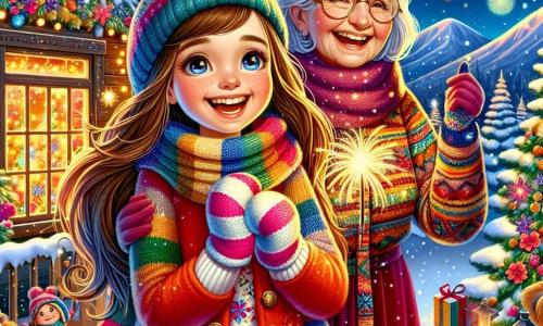 Una niña de 12 años, llamada Martina, con largos cabellos castaños y ojos brillantes de alegría, se encuentra en el centro de la escena, sonriendo y llena de emoción. Lleva un abrigo rojo brillante, una bufanda de lana multicolor y guantes a juego, mientras sostiene una guirnalda brillante en sus manos. A su lado, su abuela, una mujer mayor con cabello plateado y gafas redondas, ríe alegremente, vestida con un suéter de punto colorido y una falda de terciopelo, sosteniendo un cartel dorado que dice "Feliz Año Nuevo". Al fondo, se extiende un paisaje montañoso nevado, con pinos cubiertos de nieve brillante y fuegos artificiales iluminando el cielo estrellado. La cabaña de madera, decorada con guirnaldas y luces, emite un resplandor dorado a través de sus ventanas. La escena representa la celebración del Año Nuevo, donde Martina y su familia se preparan para festejar con risas, bailes y juegos, creando una atmósfera festiva y alegre, llena de colores vibrantes y magia invernal.