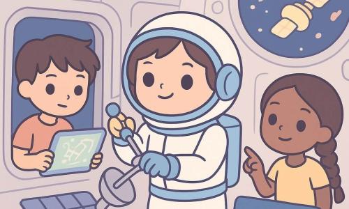Een jonge vrouwelijke astronaut met rond gezicht en heldere ogen, vastberaden glimlachend in een witte ruimtepak met blauwe bies, stelt een gereedschap af aan een satellietantenne door een open laadluik; links staat Joris (±10) met warrig bruin haar geconcentreerd een verlichte tablet met schema's controlerend; rechts wijst Aisha (±10) met gevlochten haar nieuwsgierig naar een sterrenkaart op een holografisch scherm om de nieuwe baan aan te geven; instructrice mevrouw Van Dijk applaudisseert zacht in een grijze jas met centrumbadge; achtergrond: interieur van een gesimuleerd vaartuig met zachte metalen wanden, pastelkleurige LED-verlichting, ronde kabels en een groot rond luik met een gestileerde meteorietenregen en een te repareren verlicht satellite, spanning maar optimisme, pastelcontrasten (nachtblauw, bleekroze, zachtgeel), afgeronde silhouetten en eenvoudige lijnen, moedige warme sfeer.