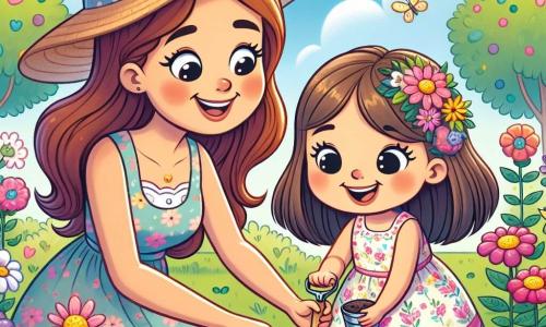 Una niña de 4 años, Lucía, con largos cabellos castaños y ojos llenos de alegría, está plantando semillas en un jardín colorido. Lleva un vestido ligero de flores y tiene una gran sonrisa en el rostro, mostrando su emoción por la primavera. A su lado, su mamá, una mujer de unos 30 años con cabello castaño y un sombrero de paja, la anima con una mirada cariñosa, sosteniendo una pequeña pala en la mano. El jardín está lleno de flores brillantes de todos los colores: rosas, amarillas y violetas, bajo un cielo azul claro con algunas nubes blancas. Mariposas vuelan alrededor de ellas, añadiendo magia al momento. Lucía, concentrada y feliz, coloca semillas en la tierra, soñando ya con las hermosas flores que pronto crecerán.