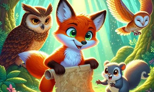An illustration depicts a young fox with bright orange fur and a bushy tail, showing an expression of excitement and curiosity. It holds an unfolded old parchment in front of it, eyes sparkling with adventure. Beside it, a majestic owl with brown feathers and golden eyes gazes at the fox with a wise look, its wings slightly spread as if ready to take flight. A small gray squirrel with sparkling eyes joyfully hops around them, displaying great impatience and overflowing enthusiasm. The main setting is an enchanted clearing surrounded by majestic trees with vibrant green leaves, where rays of sunlight filter through the foliage, illuminating the ground scattered with colorful flowers and soft moss. The main scene shows the trio discovering an ancient treasure in the form of a map, symbolizing the start of a new adventure, with glimmers of light emanating from the parchment and sparkling crystals around them. Other graphic elements include wildflower patterns, shining crystals scattered on the ground, and a clear blue sky dotted with a few white clouds, creating a magical and joyful atmosphere.
