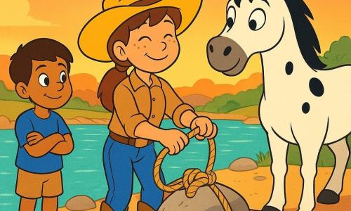 Uma jovem cowgirl corajosa e serena, sorrindo com manchas de sol nas bochechas, chapéu amarelo largo, jaqueta marrom claro e botas empoeiradas, prende uma corda a uma grande pedra na margem do rio; ao lado esquerdo, o menino João, cerca de 8 anos, cabelo castanho curto e camiseta azul, observa admirado com as mãos cruzadas perto da barca; à direita, o cavalo Bolinha, branco com manchas pretas e rabo em movimento, inclina o focinho para ela; rio azul-esverdeado brilhante com margens de areia e pedras, algumas plantas altas, e um pôr do sol laranja-rosa com nuvens suaves; cena acolhedora e segura, centrada no trio, cores quentes, traços nítidos e formas simples para crianças pequenas.