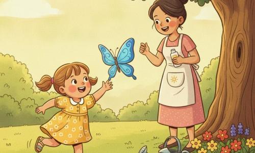 Niña de 4 años, alegre y asombrada, con coletas castaño claro, vestido amarillo de flores y sandalias brillantes, corre y extiende la mano hacia una gran mariposa azul; la mamá, unos 32 años, sonriente con el pelo en un moño y delantal ligero, sostiene un frasco de protector solar desde la sombra de un gran árbol y la observa; junto a un parterre multicolor con tierra húmeda hay una regadera metálica, y la escena ocurre en un jardín de verano soleado con césped verde, macizos de flores rojas, amarillas y moradas y un sendero de losas claras.