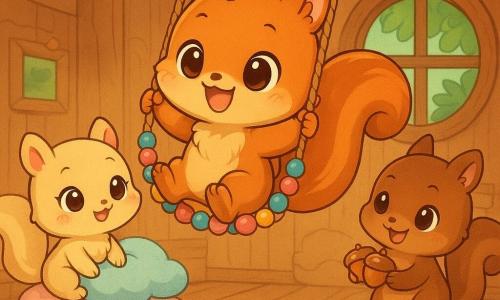 A chibi red-furred squirrel swings on a necklace of colorful beads while his cream-furred little sister with pink cheek spots stacks cloud-shaped cushions laughing at him and a light-brown little brother with a mischievous smile holds shiny acorns atop a cushion pile ready to jump; they play in a cozy treehouse bedroom with warm wooden planks, a round window with green leaves, string lights, a patchwork rug and scattered wooden toys, having turned the room into an improvised playground with a bead swing, cushion mountain and rolling acorns in a playful, lively scene with bright colors and soft textures.