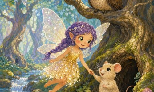 Lila is a tiny female fairy with a round joyful face, bright green eyes, purple braided hair and glittery translucent wings, smiling tenderly as she holds the little paw of Pip, a cream-furred male mouse with fine whiskers and wet black eyes who looks relieved beside the entrance of his burrow; above them a mottled brown male owl with wise large eyes perches on a low branch watching with a slight smile, all in the heart of a magical forest of tall twisted trunks, shimmering emerald and silver leaves, a clear stream with rainbow reflections and soft moss, as Lila brings Pip home under a large oak with warm, luminous pastel colors and visible gouache texture.