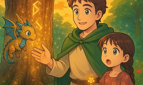 An adult man named Lucius with a gentle smiling face, bright eyes, wearing a cream tunic and green cloak, places his right hand on an ancient tree trunk covered in glowing runes with a calm, admiring posture; a small friendly dragon called Aurelius with golden-blue scales and mischievous round eyes hovers at Lucius's left shoulder, tilting its head protectively; an ~8-year-old girl with braided brown hair in a floral dress stands to the right a few steps away, mouth open in surprise and holding a small glowing flower; the scene is an enchanted clearing at golden dusk with mossy green grass, vivid pink and blue flowers, gnarled roots, and floating fireflies around a massive central tree whose rough bark and golden runes emit a soft halo; the main moment is a magical revelation as Lucius touches the tree and swirling light particles appear, creating a peaceful, wondrous atmosphere with warm contrasted colors, soft depth, childlike details, in a soft manga style with rounded features, exaggerated benevolent expressions, a bright contrasted palette, and a composition centered on the tree with the characters in a semicircle.