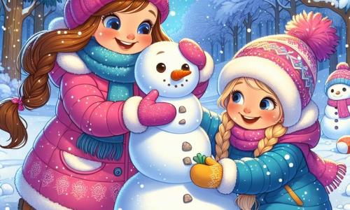 Dos niñas, Lila y Mia, juegan en un parque nevado. Lila, de 7 años, tiene el cabello largo y castaño y lleva un abrigo rosa brillante con un gorro a juego. Está agachada, con las manos llenas de nieve, lista para hacer un muñeco de nieve. Mia, también de 7 años, tiene el cabello rubio trenzado y lleva un overol azul con guantes amarillos. Está de pie al lado de Lila, sonriendo, sosteniendo una zanahoria para la nariz del muñeco de nieve. El parque es un paisaje de ensueño, cubierto de una gruesa capa de nieve brillante bajo un cielo azul claro. Los árboles con ramas cargadas de nieve rodean a las niñas, y los copos de nieve caen suavemente, creando una atmósfera mágica. Las dos niñas se divierten construyendo un muñeco de nieve, riendo y lanzándose bolas de nieve mientras el muñeco toma forma a su lado, con piedras para los ojos y una zanahoria para la nariz.