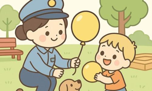 Die Hauptfigur ist eine lächelnde Polizistin mit rundem Gesicht und braunen Haaren im Dutt, kniend und reicht einem gelben Ball an den etwa fünfjährigen Jungen Max mit kurzen blonden Haaren und strahlenden Augen, der lachend auf sie zuläuft und den Ball an die Brust drückt; ein freundlicher mittelgroßer Hund mit hellbraunem Fell wedelt neben ihr, im Hintergrund ein sonniger Park mit grüner Wiese, einem roten Holzbänkchen links, einem Sandkasten rechts und runden Bäumen, in sanftem Licht und Pastellfarben, Szene zentriert und herzlich.