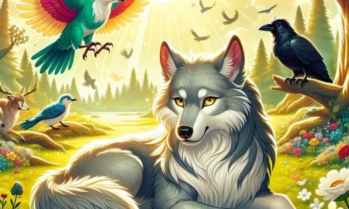 No centro da imagem, um Grande Lobo majestoso, com pelagem cinza prateada e olhos dourados brilhantes, expressa uma profunda tristeza, sentado em uma clareira ensolarada, cercado por flores coloridas. À sua direita, Lysander, um pássaro com penas vibrantes, voa acima do lobo, pronto para ajudá-lo. À esquerda, uma corvo negro, empoleirada em um galho, observa a cena com curiosidade, seus olhos brilhando de inteligência. A clareira é banhada por luz dourada, com árvores majestosas e folhas verdes vibrantes, e um suave raio de sol que filtra pelas ramificações, criando uma atmosfera mágica. A situação principal mostra Lysander e os animais unidos ao redor do Grande Lobo, buscando entender sua tristeza e ajudá-lo a quebrar a maldição que o aflige.