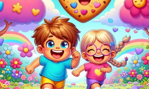 An 8-year-old boy, Benny, with a big bright smile and messy brown hair, joyfully runs through a heart-shaped flower field. He wears a bright blue t-shirt and yellow shorts, and his little white shoes are slightly dusty. Next to him is his best friend, Daisy, an 8-year-old girl with long braided blonde hair and heart-shaped glasses, laughing while holding a huge heart-shaped cookie that floats above them. The field is filled with colorful flowers, heart-shaped leaf trees, and a pastel pink sky dotted with fluffy clouds. The scene shows Benny and Daisy chasing the magical cookie, surrounded by a joyful and festive atmosphere full of bright colors and laughter.