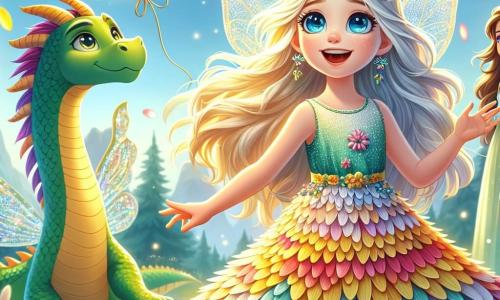 Clara, uma jovem de cabelos dourados e olhos azuis brilhantes, está no centro do palco, com um largo sorriso iluminando seu rosto. Ela usa um vestido de pétalas coloridas que parece dançar com o vento, enquanto estende a mão para um balão mágico flutuando acima dela, cheio de luz cintilante. Ao seu lado, Lira, uma pequena fada com asas brilhantes como diamantes, voa alegremente, seus cabelos prateados flutuando ao seu redor. Ela tem cerca de 10 anos e observa Clara com admiração, pronta para ajudá-la em sua aventura. Um pouco mais adiante, Drago, um sábio dragão com escamas verde-esmeralda, se mantém majestoso, seus olhos profundos e sábios observando a cena com benevolência. A cena se passa no Reino dos Sonhos, um cenário encantador onde o céu é um arco-íris vibrante e as flores dançam ao ritmo de uma melodia suave. Árvores majestosas com troncos dourados se erguem ao redor deles, e criaturas mágicas se escondem nos arbustos coloridos. Clara, Lira e Drago estão celebrando a criação de um balão mágico, símbolo de sua amizade e coragem, enquanto estrelas cintilantes flutuam ao seu redor, iluminando a paisagem mágica.