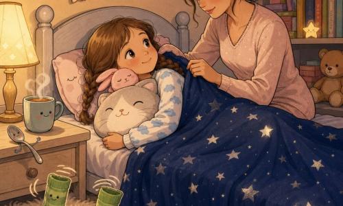 O fetiță de 8 ani, zâmbitoare și liniștită, părul șaten des prins în împletituri lejere, ochi mari și strălucitori, poartă pijama albă cu nori albaștri și ține strâns o jucărie-pernă mare în formă de pisică; o mamă de circa 30–35 de ani, blândă și calmă, cu părul brun prins într-un coc jos, stă pe marginea patului și îi trage o pătură înstelată până la bărbie, privind-o cu blândețe; un iepuraș de pluș roz pal odihnește lângă obrazul fetei ca un paznic adormit, două șosete verzi cu dungi sunt aruncate pe podea, parcă ușor "respirând"; camera e primitoare și ordonată, pereți crem, covor bej din blană artificială, pătură bleumarin cu stele argintii, raft cu cărți colorate și o cană de ceai aburind pe noptieră — moment cald de adormire, lumina lămpii creează umbre moi și obiectele cotidiene sugerează un farmec tandru și ușor comic în jurul ritualului de culcare.