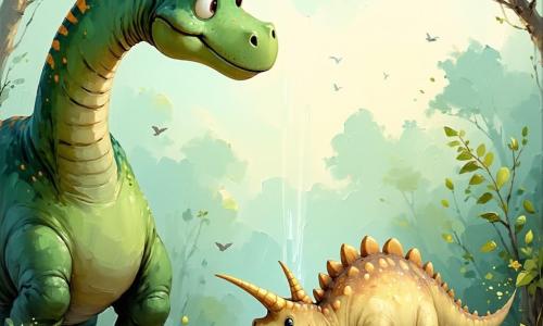 Un diplodocus impunător și blând, gât lung și piele aspră verde-palid cu pete ocru, ochi expresivi, gura întredeschisă în timp ce scoate un nou strigăt, poziție dreptă, pieptul bombat și o vibrație luminoasă urcând pe gât; la stânga lui Rugo, un tânăr triceratops timid cu coarne scurte și carapace bej-roz pătată de noroi, cu fața uimită și un mic „pii” care crește; pe un stâncă din apropiere Plici, un compsognathus vioi cu puf brun-roșcat la cap, bate din coadă ca un metronom și privește ștrengărește; scena se petrece pe o întinsă câmpie ierburoasă nocturnă cu flori albastre, o dâră de praf stelar scânteietoare ca un râu de lumină, stânci rotunde și un cer înstelat; momentul principal: diplodocusul emite un strigăt cald și liniștitor care proiectează o umbră la sol, triceratopsul își recâștigă treptat vocea iar micul dino ține ritmul, atmosferă caldă, culori bogate și contrastante, iluminare blândă din stele și o lumină internă în jurul gâtului diplodocusului.