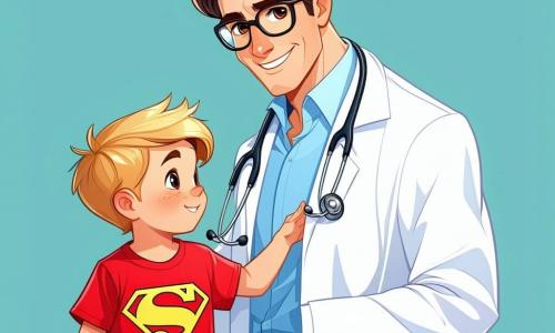 Dr. Müller ist ein etwa 40-jähriger Mann mit leicht lockigen braunen Haaren und runden Brillen, die ihm ein freundliches Aussehen verleihen. Er trägt einen makellosen weißen Kittel und ein Stethoskop um den Hals und zeigt ein warmes, beruhigendes Lächeln. Timmy, ein 7-jähriger Junge mit zerzausten blonden Haaren, trägt ein rotes T-Shirt mit einem Superhelden-Motiv. Er schaut Dr. Müller mit neugierigen Augen an, ein Mix aus Aufregung und Besorgnis auf seinem Gesicht. In der Nähe steht ein 6-jähriges Mädchen mit geflochtenen braunen Haaren in einem rosa Kleid, das weint, nachdem es gefallen ist und sein Knie aufgeschürft hat. Die Szene spielt vor einer kleinen, bunten Klinik, umgeben von leuchtenden Blumen und schwebenden Ballons. Der Himmel ist blau mit einigen flauschigen weißen Wolken. Dr. Müller nähert sich dem verletzten Mädchen, bereit zu helfen, während Timmy, fasziniert, die Szene bewundernd beobachtet. Die Atmosphäre ist warm und freundlich und zeigt die Bedeutung von Hilfe und Mitgefühl.