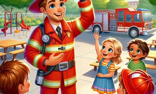 Ein Feuerwehrmann namens Max, lächelnd und selbstbewusst, trägt eine leuchtend rote Uniform mit einem glänzenden Helm. Er steht auf einem Spielplatz, umgeben von Kindern, und erklärt enthusiastisch die Bedeutung des Brandschutzes. Ein 8-jähriger Junge namens Timmy mit zerzausten braunen Haaren und Brille hebt neugierig die Hand und hört aufmerksam zu. Neben ihm lacht ein 7-jähriges Mädchen namens Lila mit blonden Zöpfen in einem zu großen Feuerwehrhelm fröhlich. Der sonnige Spielplatz ist von grünen Bäumen umgeben, mit Tischen, die mit Sicherheitsmaterial dekoriert sind, und einem großen roten Feuerwehrwagen, der in der Sonne glänzt. Max erklärt den Kindern, wie man einen Feuerlöscher benutzt, während sie Spaß haben und lernen, was eine aufregende und kameradschaftliche Atmosphäre schafft.