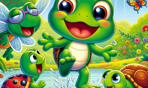 In the center of the image, a small frog named Freddie, with shiny green skin and large expressive eyes, joyfully jumps at the edge of a pond, a big smile on his face. Next to him, Tilly the turtle, with her colorful shell and mischievous eyes, looks at Freddie with admiration, ready to help. In the background, Benny the dragonfly, with shimmering translucent wings, flies around them, while Lucy the ladybug, with her small black spots on a bright red back, lands on a leaf, enthusiastically observing the scene. The setting is a sunny pond surrounded by vibrant flowers and tall trees with lush green leaves, where the water sparkles under the sun's rays. The main scene shows Freddie and his friends filling leaves with water from a magical well, with joyful splashes around them as they strive to save their endangered pond.