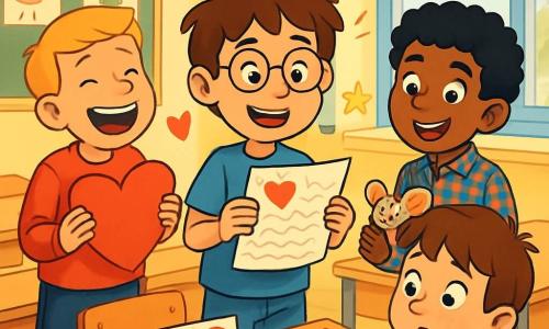 Er zijn 4 kinderen: - Timo: een 10-jarig jongen met rommelig bruin haar en een bril met ronde glazen. Hij draagt een blauwe t-shirt en een spijkerbroek. Timo staat in het midden, glimlachend, met een gedicht in zijn handen. - Bas: een 10-jarig jongen met kort blond haar en een grote glimlach. Hij is gekleed in een rode trui en een korte broek. Bas staat links van Timo, lachend met een grote hartvormige kaart in zijn handen. - Amir: een 10-jarig jongen met krullend zwart haar en sprankelende ogen. Hij draagt een geruite overhemd en beige broek. Amir staat rechts van Timo, met een klein muisje van papier versierd met glitters. - Noah: een 9-jarig jongen met bruin haar en sproeten op zijn neus. Hij draagt een groene sweatshirt en een spijkerbroek. Noah staat iets naar achteren, met een verraste en verwonderde blik, terwijl hij de verrassingen op zijn tafel ontdekt. De locatie is een lichte klaslokaal met gele muren en kindertekeningen aan de muur. Houten bureaus staan in rijen, en een groot raam laat zonlicht binnen. Op Noah's tafel liggen hartvormige chocolade, een kleurrijke kaart en een klein muisje van papier. De hoofdscène toont de kinderen die Valentijnsdag vieren, met stralende glimlachen en blije ogen. Timo, Bas en Amir kijken enthousiast naar Noah, terwijl Noah verwonderd de verrassingen ontdekt die op hem wachten. Harten en sterren schitteren om hen heen, wat een magische sfeer toevoegt aan dit moment van vriendschap en geluk.