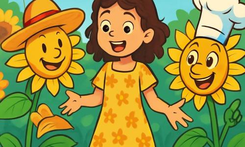 Una ragazza di 12 anni, Nina, con capelli ricci e castani e occhi pieni di curiosità, si trova al centro di un giardino dai colori vivaci. Indossa un vestito giallo a fiori e ha un grande sorriso meravigliato, con le braccia aperte come se stesse accogliendo il mondo. A destra, un girasole gigante con un viso sorridente e un cappello a forma di sombrero si inclina verso di lei, i suoi petali dorati brillano al sole. A sinistra, un altro girasole con un cappello da chef gesticola con entusiasmo, con occhi rotondi e gioiosi. Il giardino è un luogo magico, pieno di girasoli giganti che danzano al ritmo del vento, con colori vivaci di giallo, verde e blu. Farfalle multicolori volano intorno, aggiungendo un tocco di magia all'atmosfera. Nina, circondata da questi girasoli animati, sta discutendo con loro, le mani alzate, come se stesse raccontando una storia incredibile. L'espressione sul suo volto mostra una gioia contagiosa, mentre i girasoli la ascoltano attentamente, impazienti di scoprire cosa ha da dire.